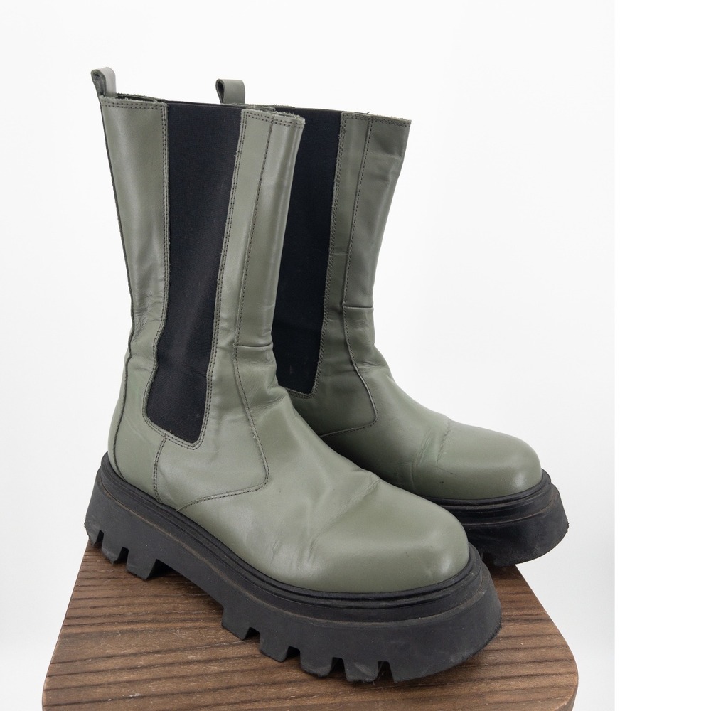 Alohas All Rounder Olive Green Leather Chunky Platform Lug Sole Chelsea Boots 41